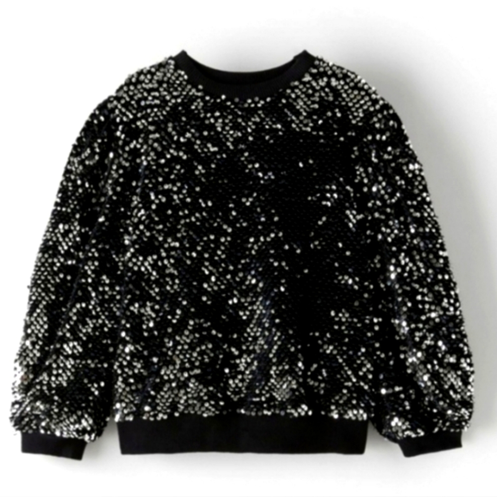 ZARA BLACK Sequin Sweat Shirt Black Shirt  With Silver Sequins Size 11-12 Year